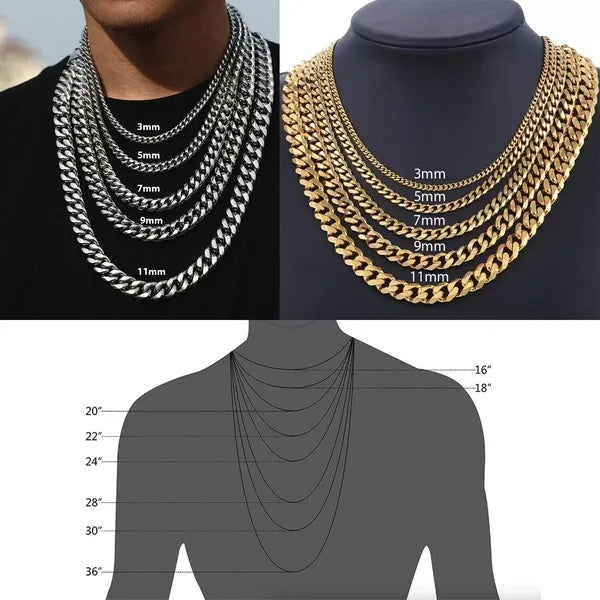 Stainless steel Cuban chain width and length sizing guide, 16 to 36 inches