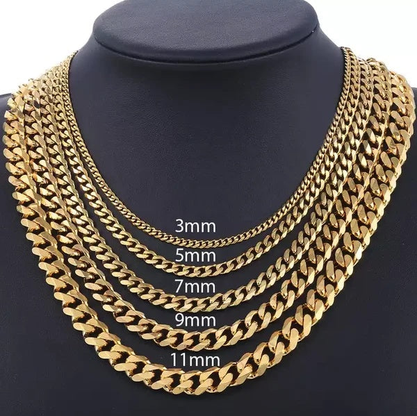 Stainless steel Cuban chain width comparison, 3mm to 11mm, on mannequin