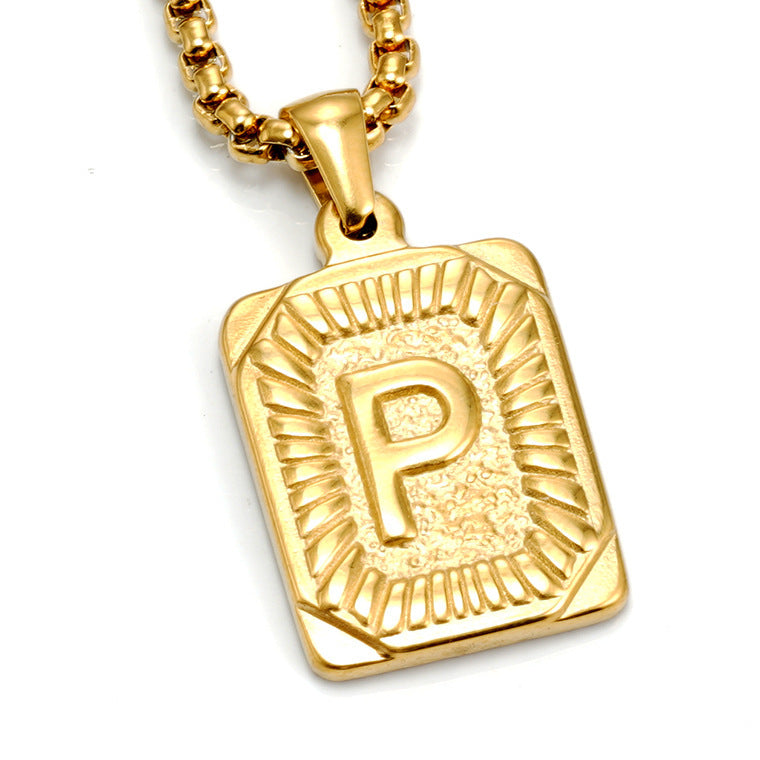 The Initial gold stainless steel letter P pendant, studio shot